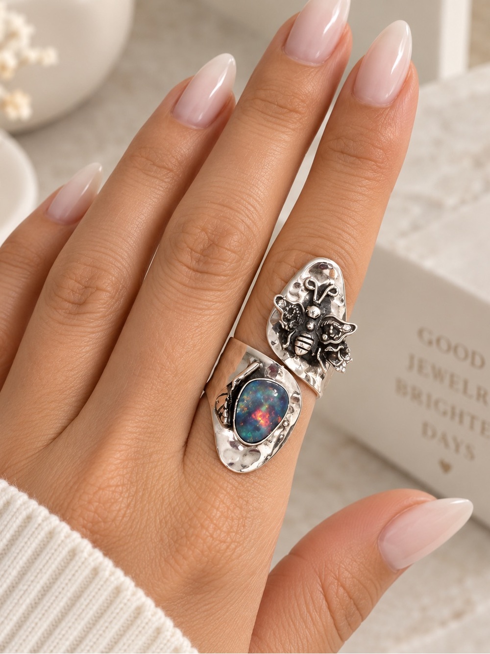 Sterling Silver Bee & Opal Ring - Silver with Blue Opal